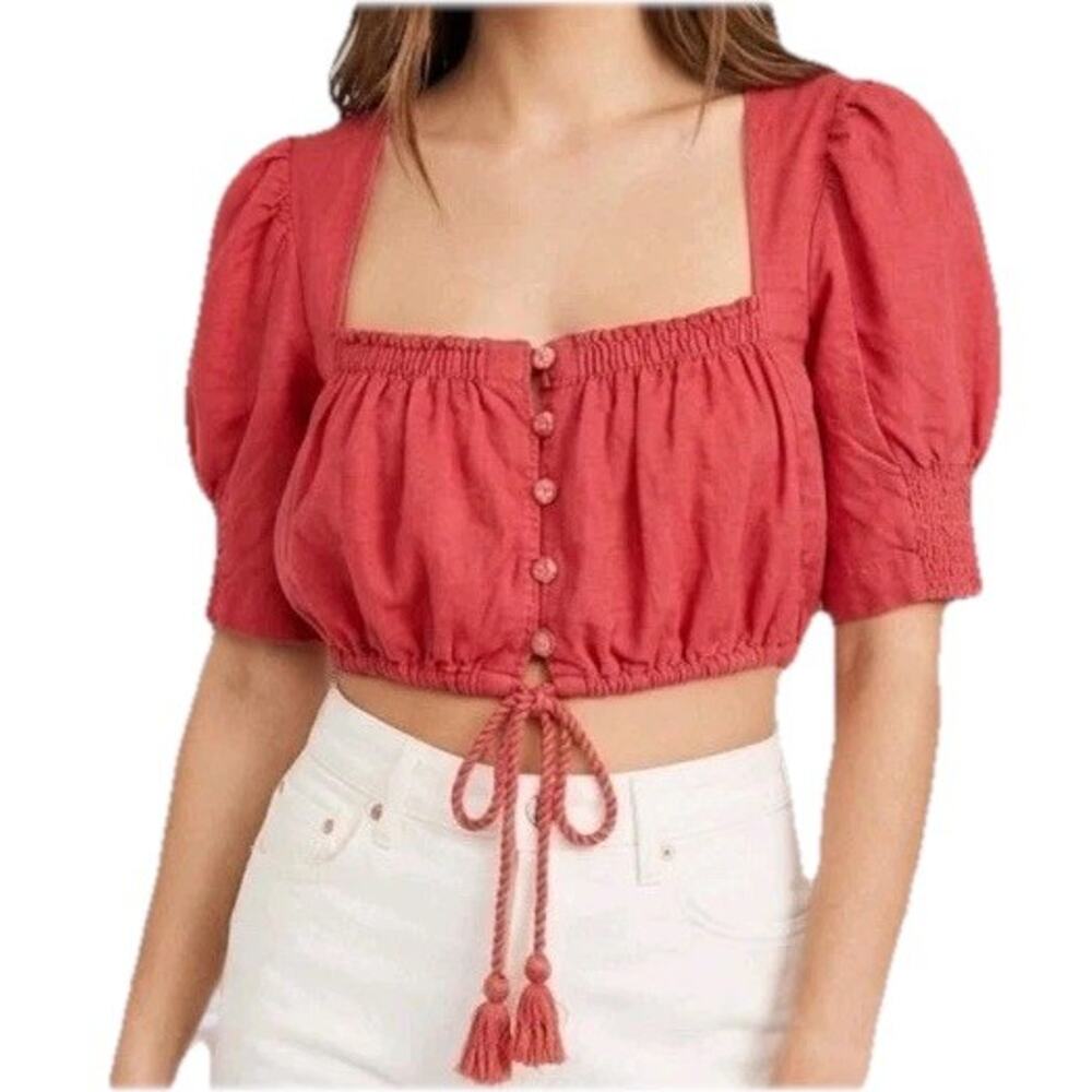 Free People Puff Sleeve Crop Top Linen Cottagecore Tassel Tie Front S Peasant
